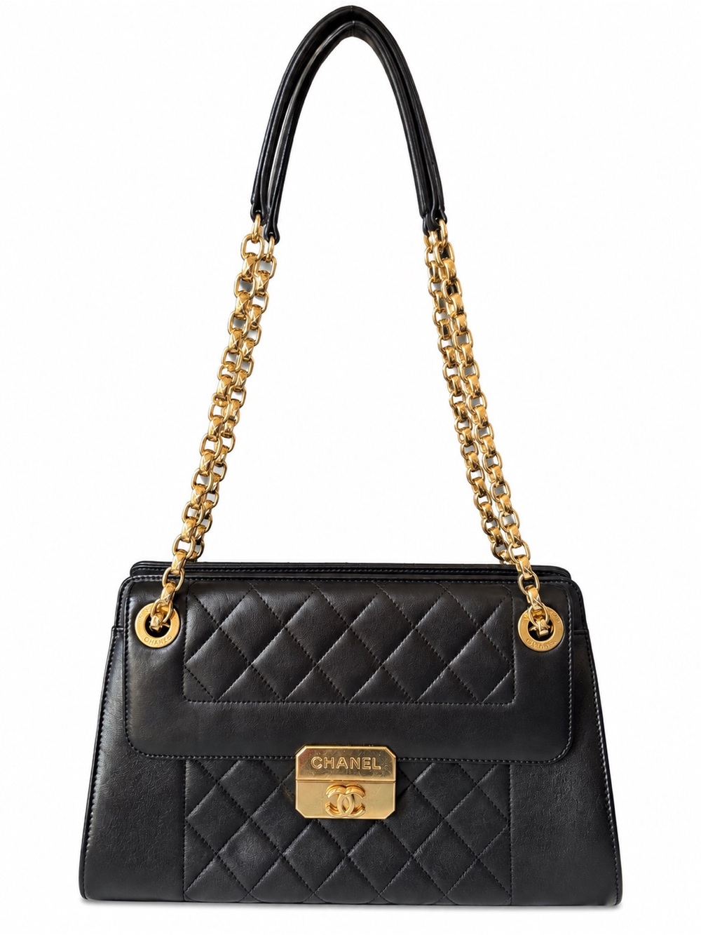 CHANEL Black Quilted Leather Shoulder Bag with Gold Hardware